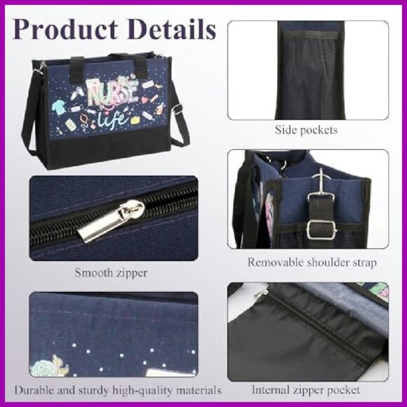 Large Waterproof Nurse Tote Bag with Pockets & Zipper for Work Travel - Picture 3 of 8
